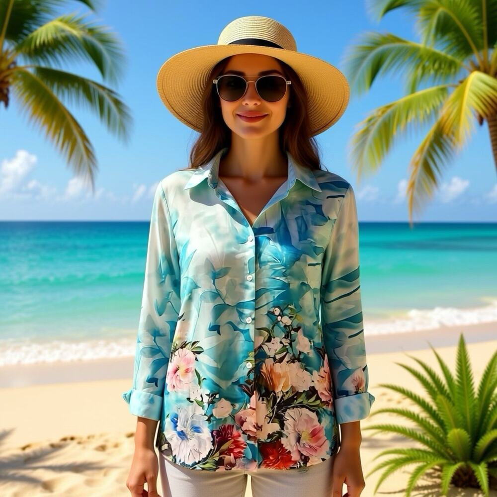 Vintage Women XL Shirt Blue Abstract Long Sleeve Casual Button Up Lightweight